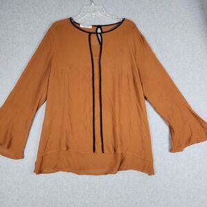 EDAS Blouse Womens 20 Rust‎ Brown Piping Detail Bell Sleeve Layered Keyhole Neck